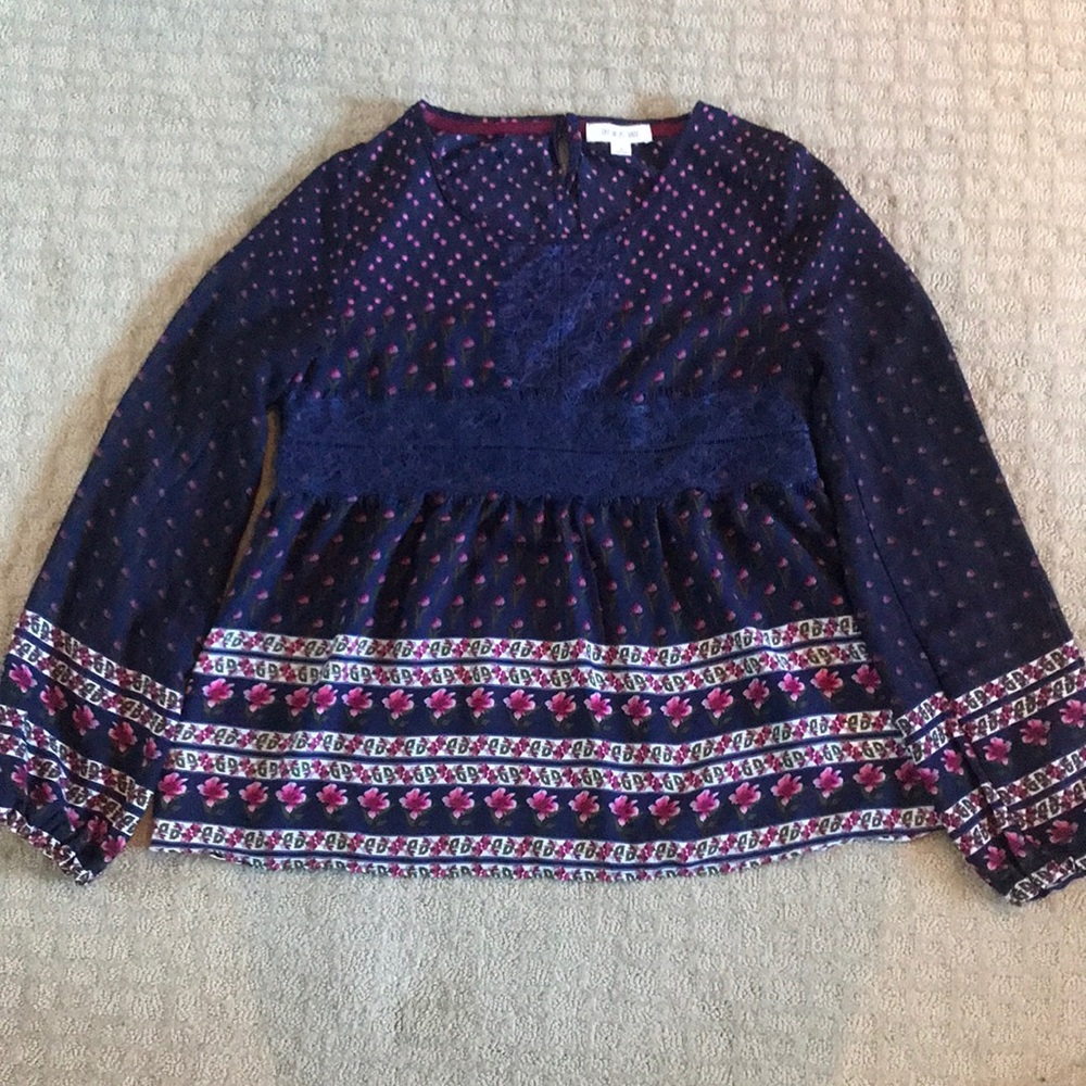 Fabulous bohemian navy with purply pink flowers and navy lace.